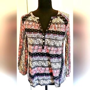 LUCKY BRAND V-Neck Top Multiple Prints Black Red White Blue sz small